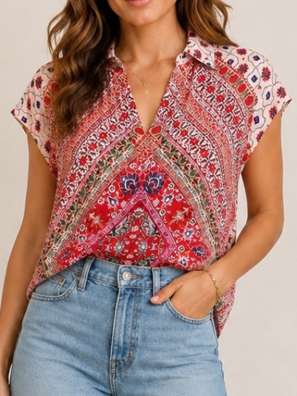 Rachel Zoe Boho Paisley Floral Split Neck Blouse Pink Red XS